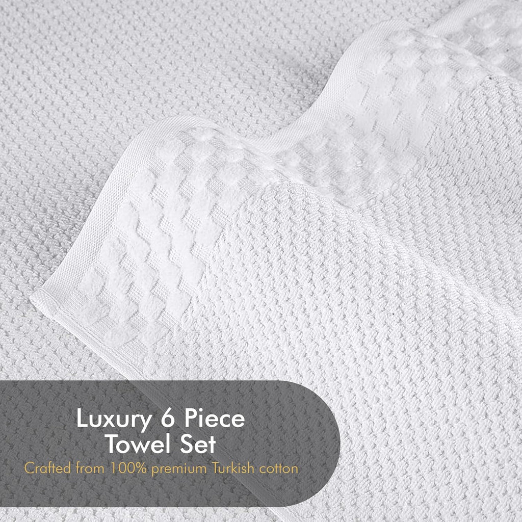 CTT Luxury 6-Piece Towel Set - 100% Turkish Cotton, Quick-Drying, Highly Absorbent, Includes 2 Bath Towels, 2 Hand Towels, and 2 Washcloths in White