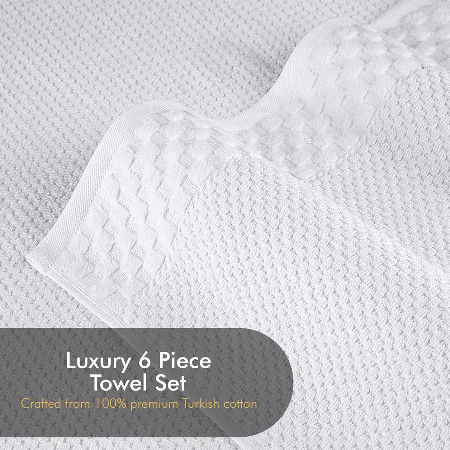 CTT Luxury 6-Piece Towel Set - 100% Turkish Cotton, Quick-Drying, Highly Absorbent, Includes 2 Bath Towels, 2 Hand Towels, and 2 Washcloths in White