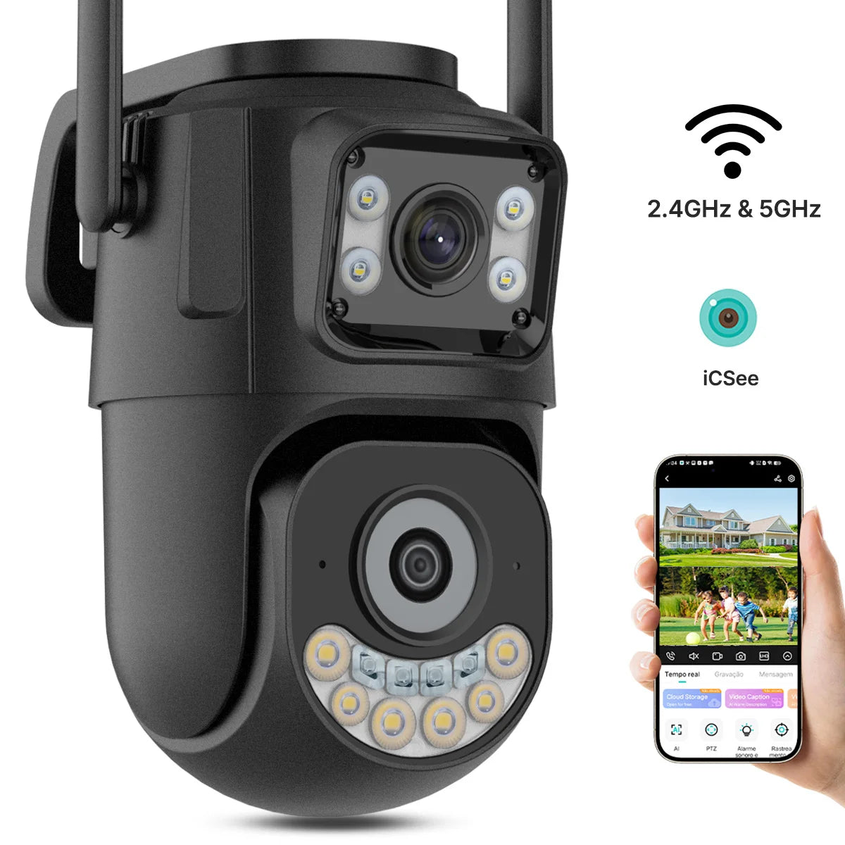 High-Performance Dual Lens PTZ Wifi Security Camera - Auto Tracking Outdoor CCTV with 2.4Ghz & 5Ghz Connectivity