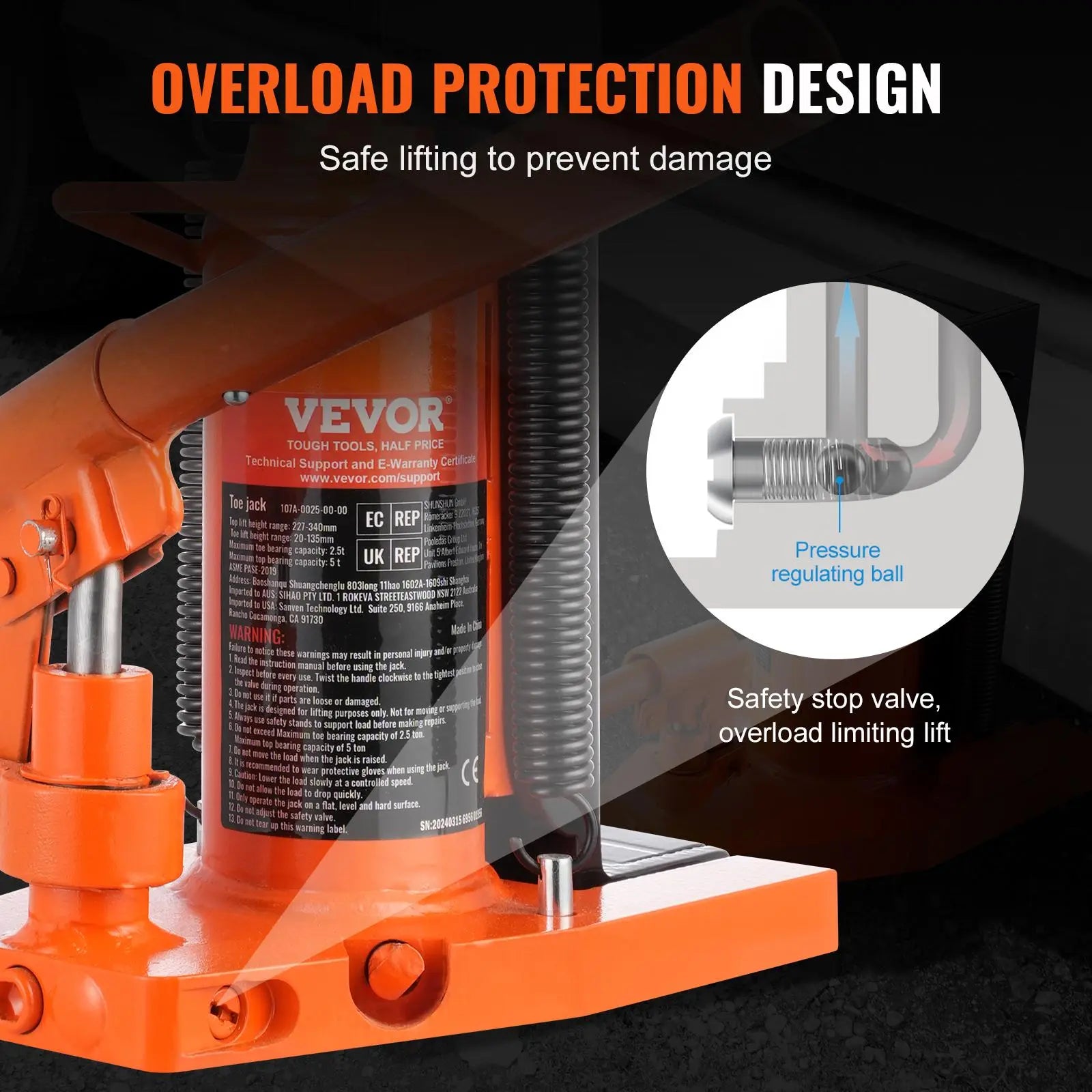 Vevor Hydraulic Toe Jack - 2.5 Ton Toe Lift and 5 Ton Top Lift Capacity, Adjustable Toe Height 0.8-5.3 in, Top Height 8.9-13.4 in, Air Hydraulic Claw Jack for Industrial Machinery