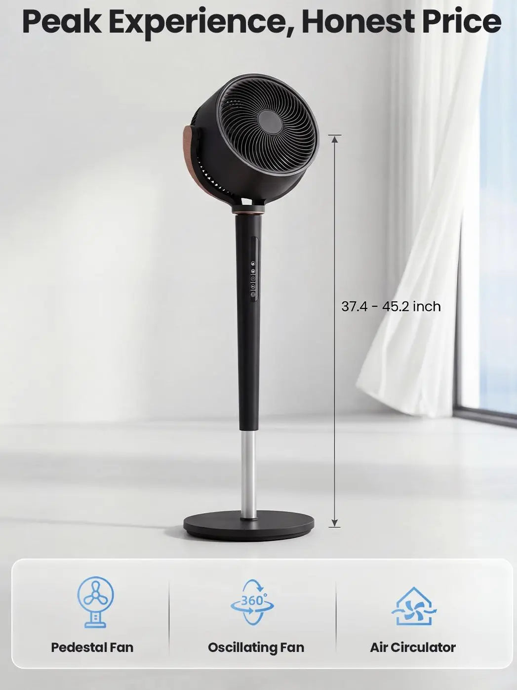MANASTIN 120° Automatic 4-Way Oscillating Standing Fan with Quiet DC Motor, 16 Speed Settings, 4 Operating Modes, Adjustable Height (37-45"), 12-Hour Timer, and Remote Control