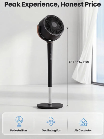 MANASTIN 120° Automatic 4-Way Oscillating Standing Fan with Quiet DC Motor, 16 Speed Settings, 4 Operating Modes, Adjustable Height (37-45"), 12-Hour Timer, and Remote Control