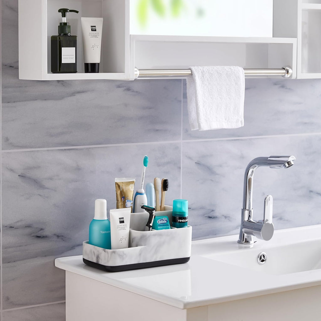 Multi-Functional Bathroom Organizer - Elegant White Marble Toothbrush Holder for Makeup, Skincare, and Accessories Storage