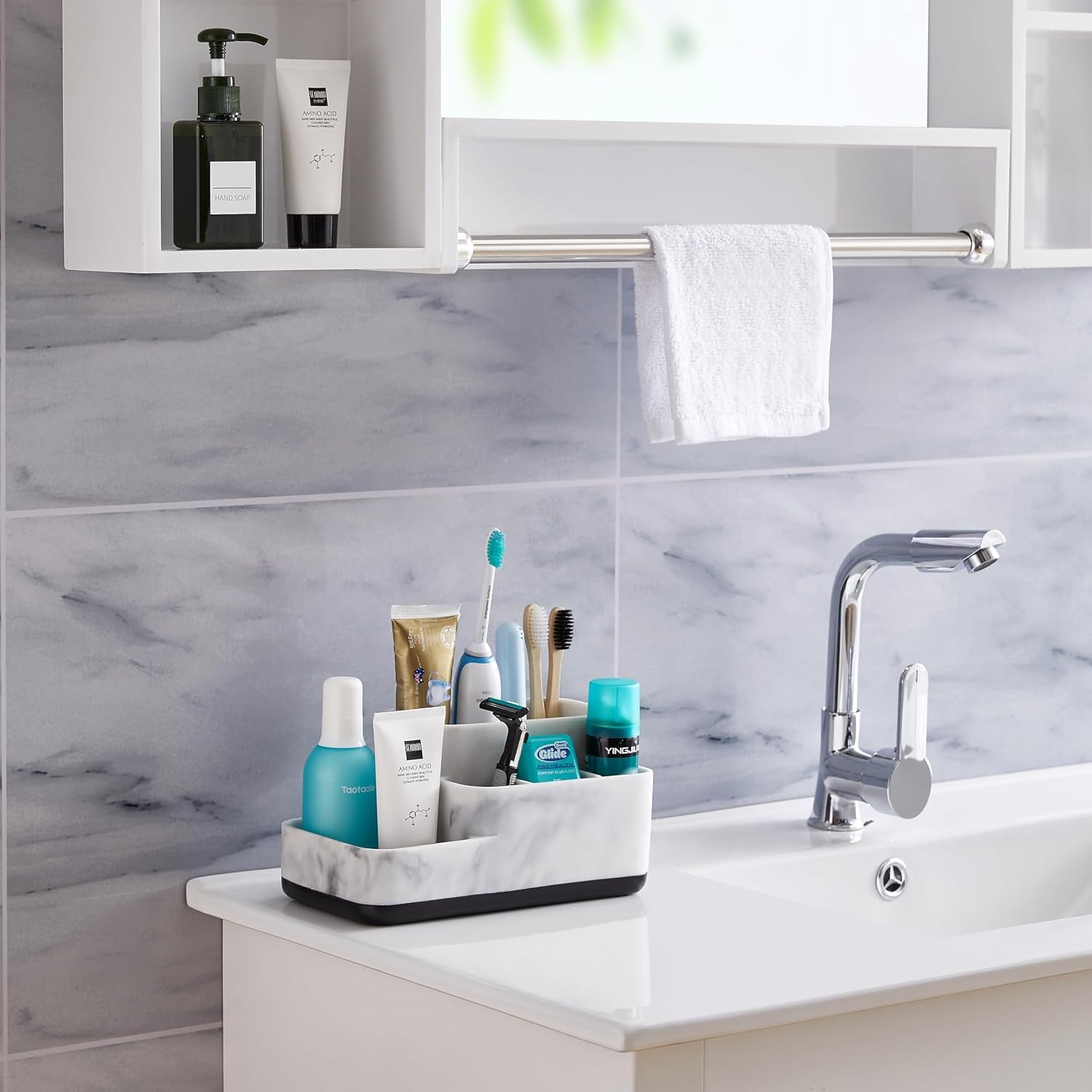 Multi-Functional Bathroom Organizer - Elegant White Marble Toothbrush Holder for Makeup, Skincare, and Accessories Storage