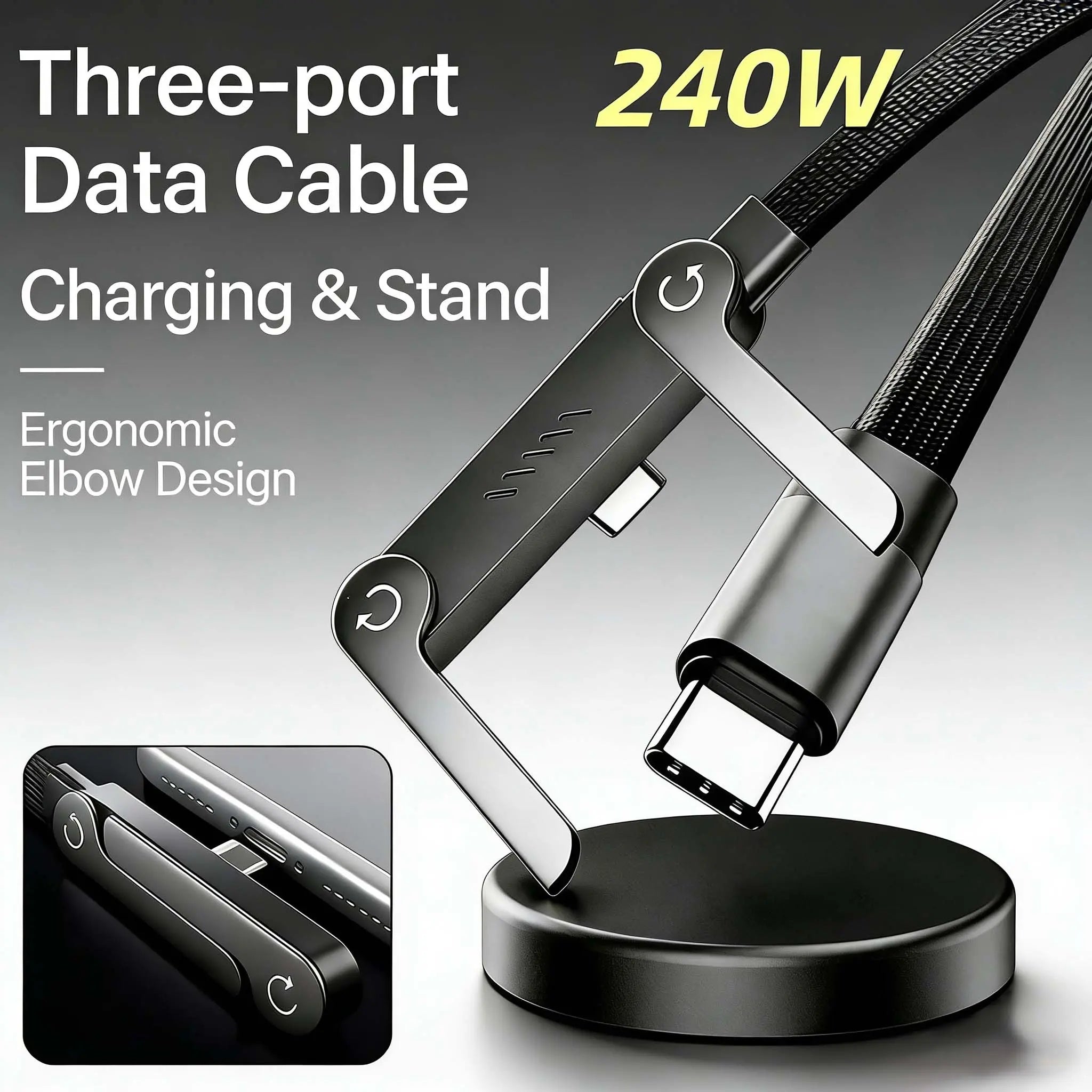 Invisible Holder Charger Cable with Stand, Super Fast Charging 2-In-1 Fast Charging Cord & Phone Stand for Gaming, Office, Car Travel, Compatible with Type-C Charging Cable Black
