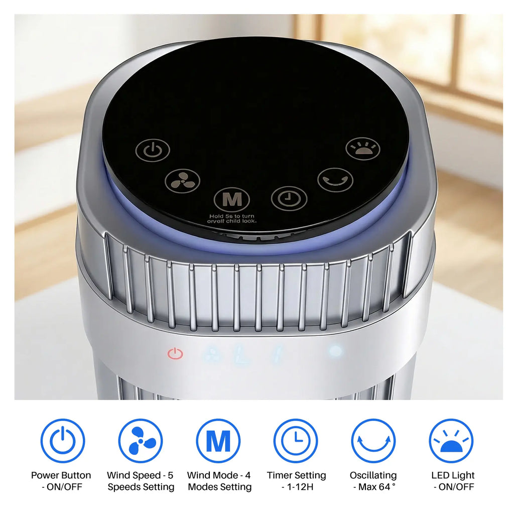 Whisper-Quiet 28dB Tower Fan with 12-Hour Timer & Smart Auto Mode - 64° Oscillating Bladeless Cooling Fan for Bedroom & Home Office