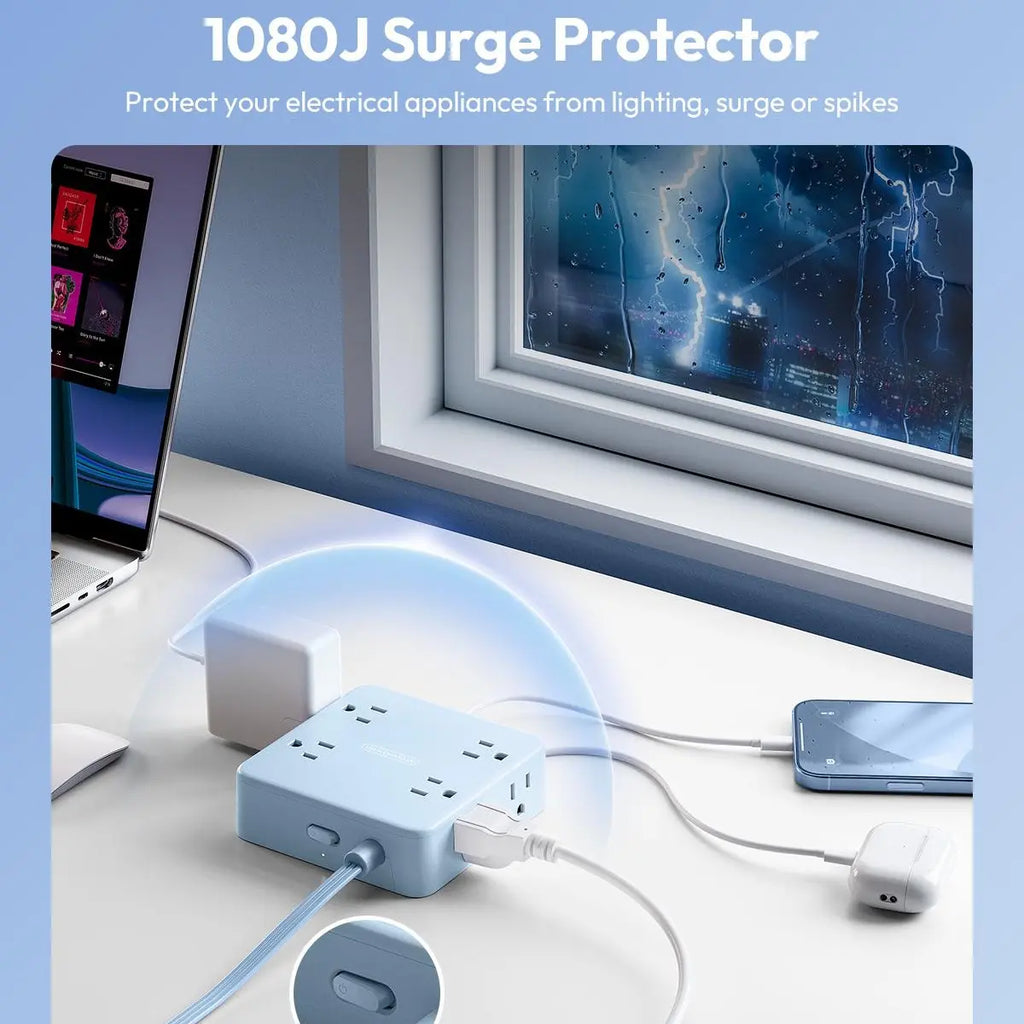 NTONPOWER 11-in-1 Flat Extension Cord Power Strip with Surge Protection, 8 Outlets and 3 USB Ports, 3-Prong Wall-Mount Design for Home and Office Use