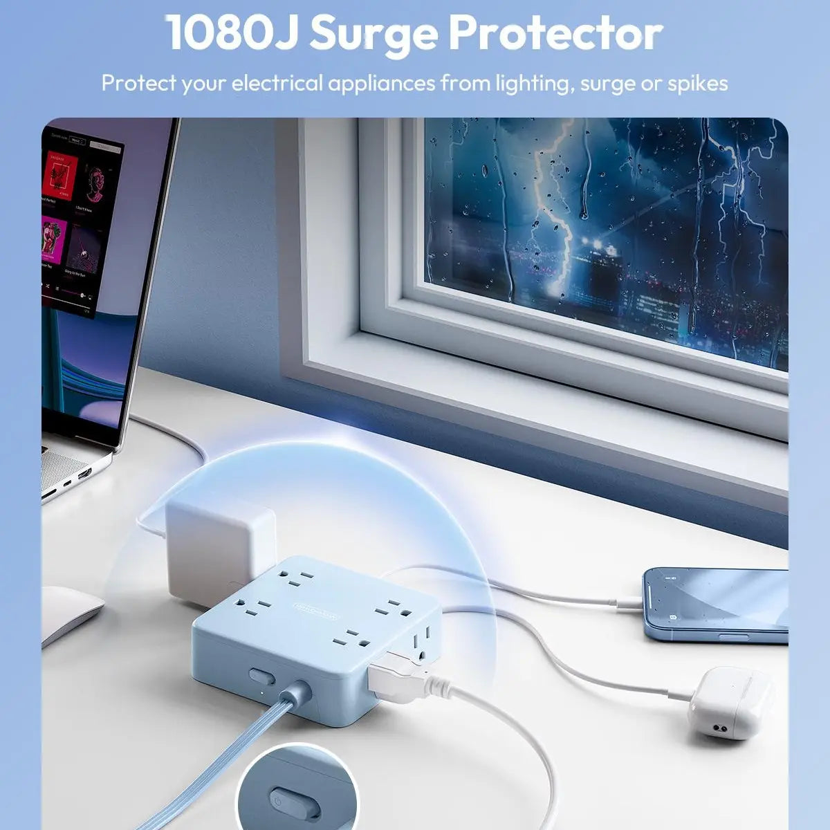 NTONPOWER 11-in-1 Flat Extension Cord Power Strip with Surge Protection, 8 Outlets and 3 USB Ports, 3-Prong Wall-Mount Design for Home and Office Use
