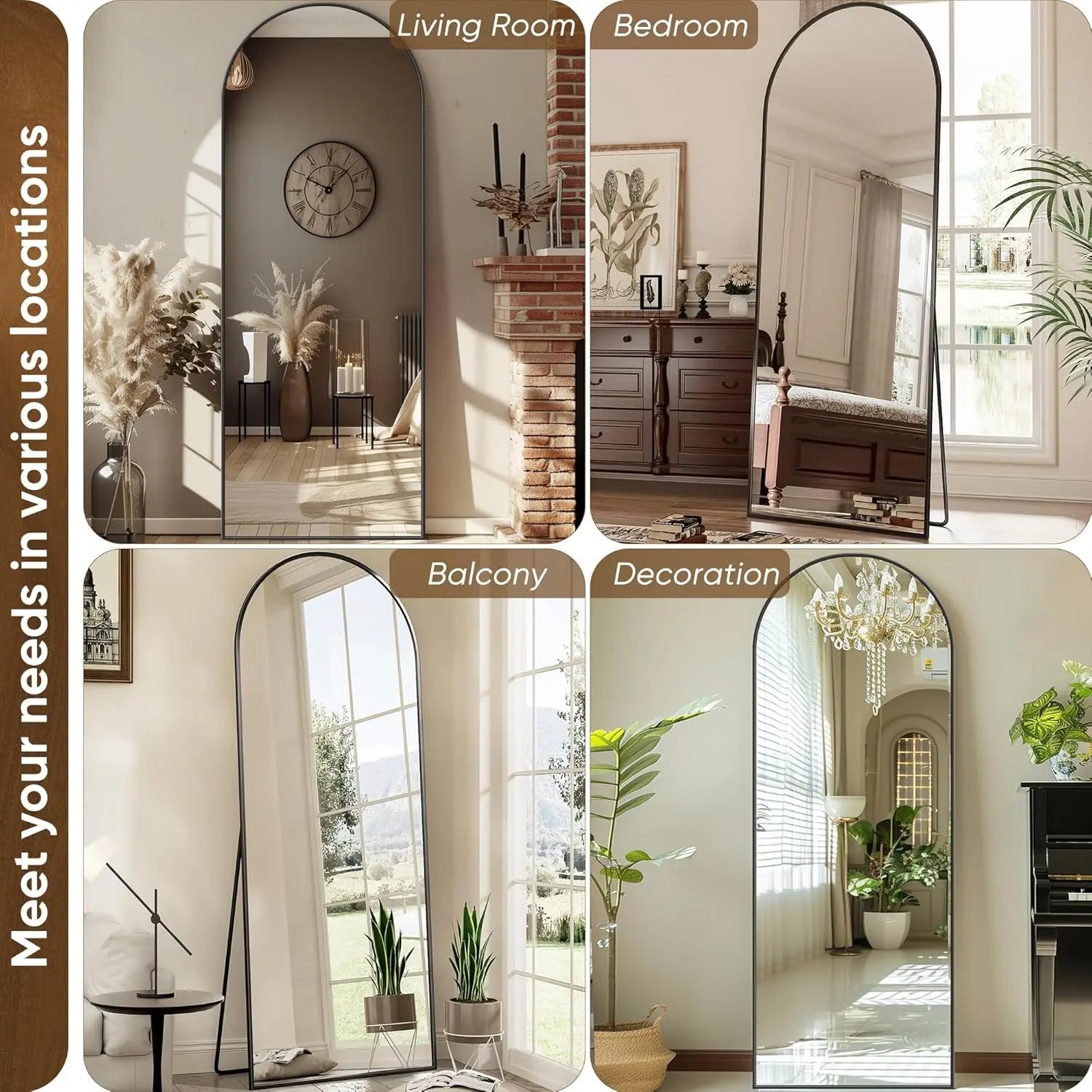 Antok 81" x 41" Arched Full-Length Floor Mirror with Stand, Aluminum Frame, Shatterproof Nano Glass, Modern Home Decor, Gold/Black Rounded Finish