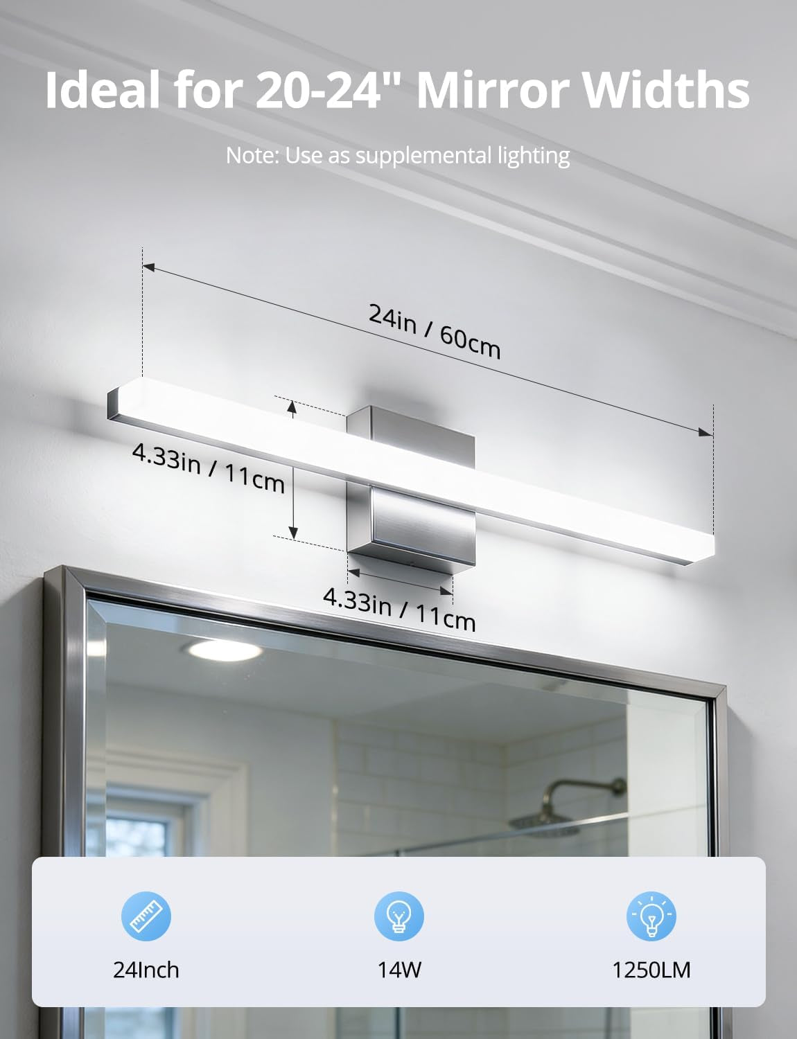 24-Inch LED Vanity Light Bar - Contemporary 14W IP44 Bathroom Fixture with Cool White 6000K for Enhanced Mirror Illumination