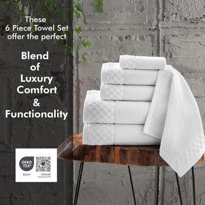 CTT Luxury 6-Piece Towel Set - 100% Turkish Cotton, Quick-Drying, Highly Absorbent, Includes 2 Bath Towels, 2 Hand Towels, and 2 Washcloths in White