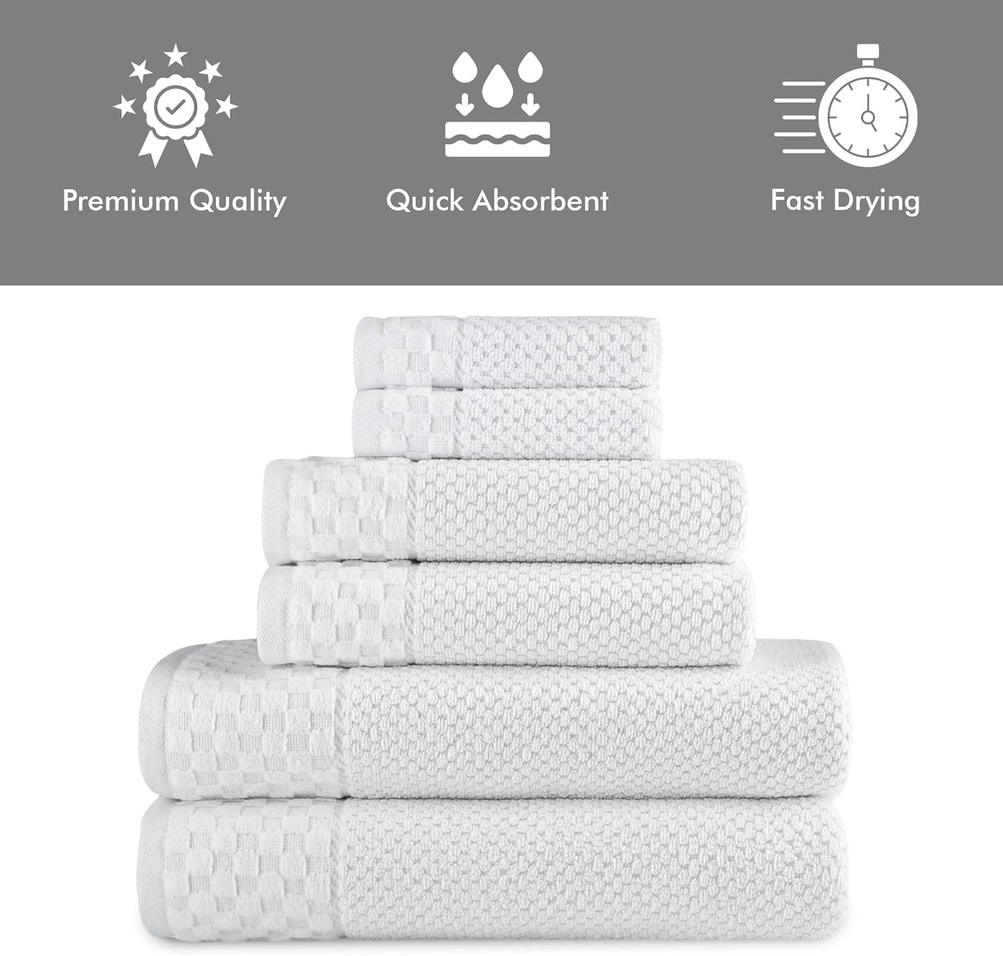 CTT Luxury 6-Piece Towel Set - 100% Turkish Cotton, Quick-Drying, Highly Absorbent, Includes 2 Bath Towels, 2 Hand Towels, and 2 Washcloths in White