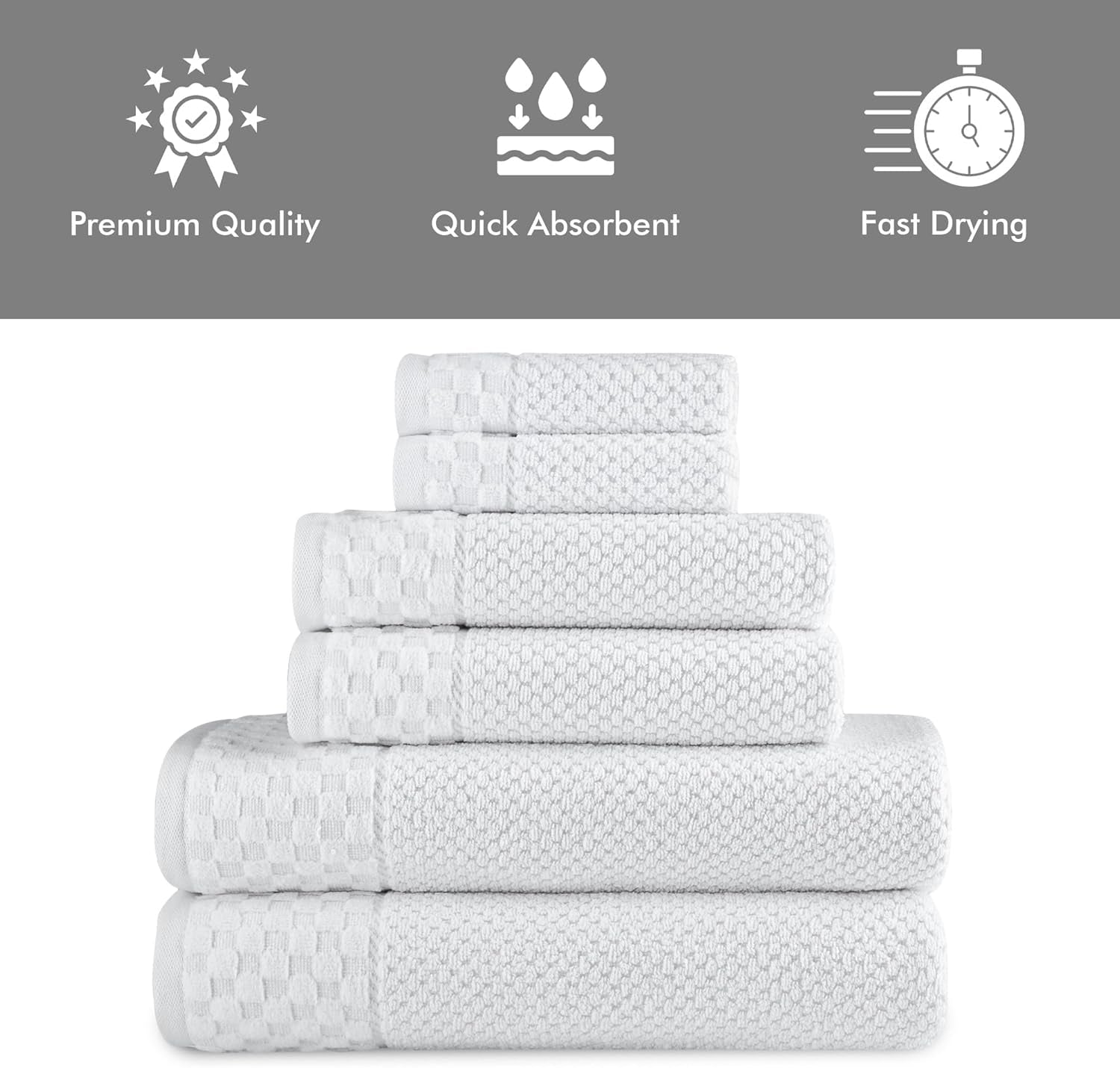 CTT Luxury 6-Piece Towel Set - 100% Turkish Cotton, Quick-Drying, Highly Absorbent, Includes 2 Bath Towels, 2 Hand Towels, and 2 Washcloths in White