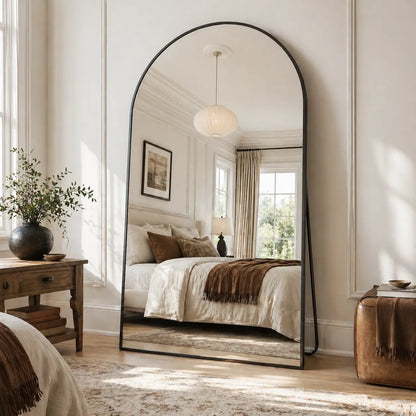 Antok 81" x 41" Arched Full-Length Floor Mirror with Stand, Aluminum Frame, Shatterproof Nano Glass, Modern Home Decor, Gold/Black Rounded Finish