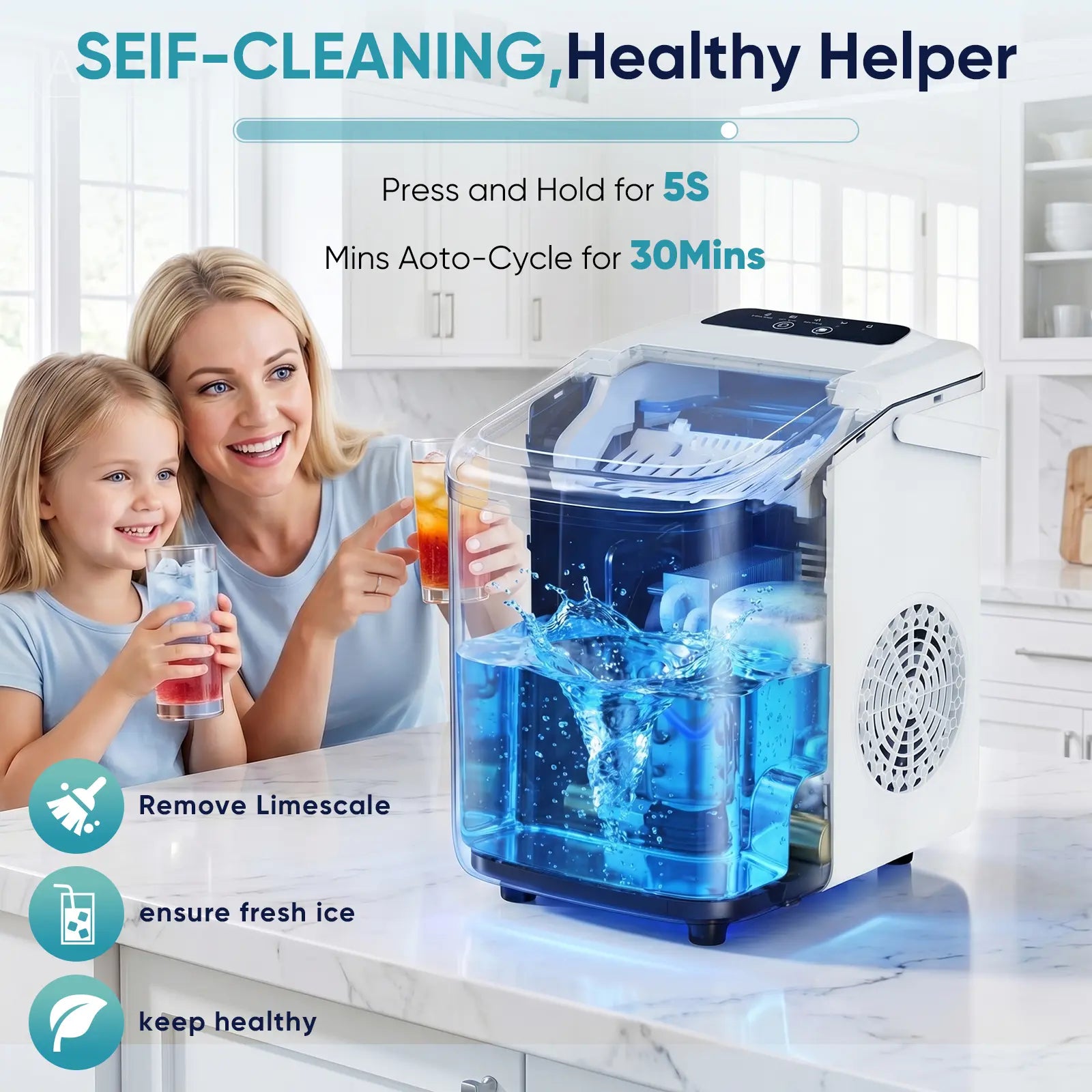 Portable Countertop Ice Maker - 9 Bullet Ice Cubes in 6 Mins, 26Lbs Daily, Auto-Cleaning, Includes Basket & Scoop - Perfect for Home, Kitchen, RV & Camping