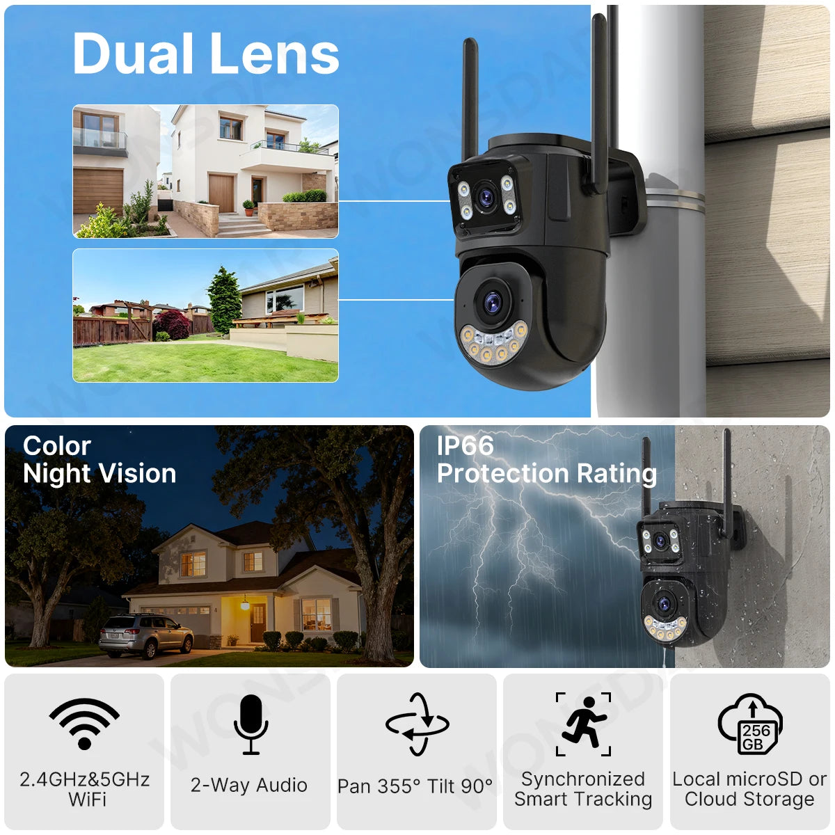 High-Performance Dual Lens PTZ Wifi Security Camera - Auto Tracking Outdoor CCTV with 2.4Ghz & 5Ghz Connectivity