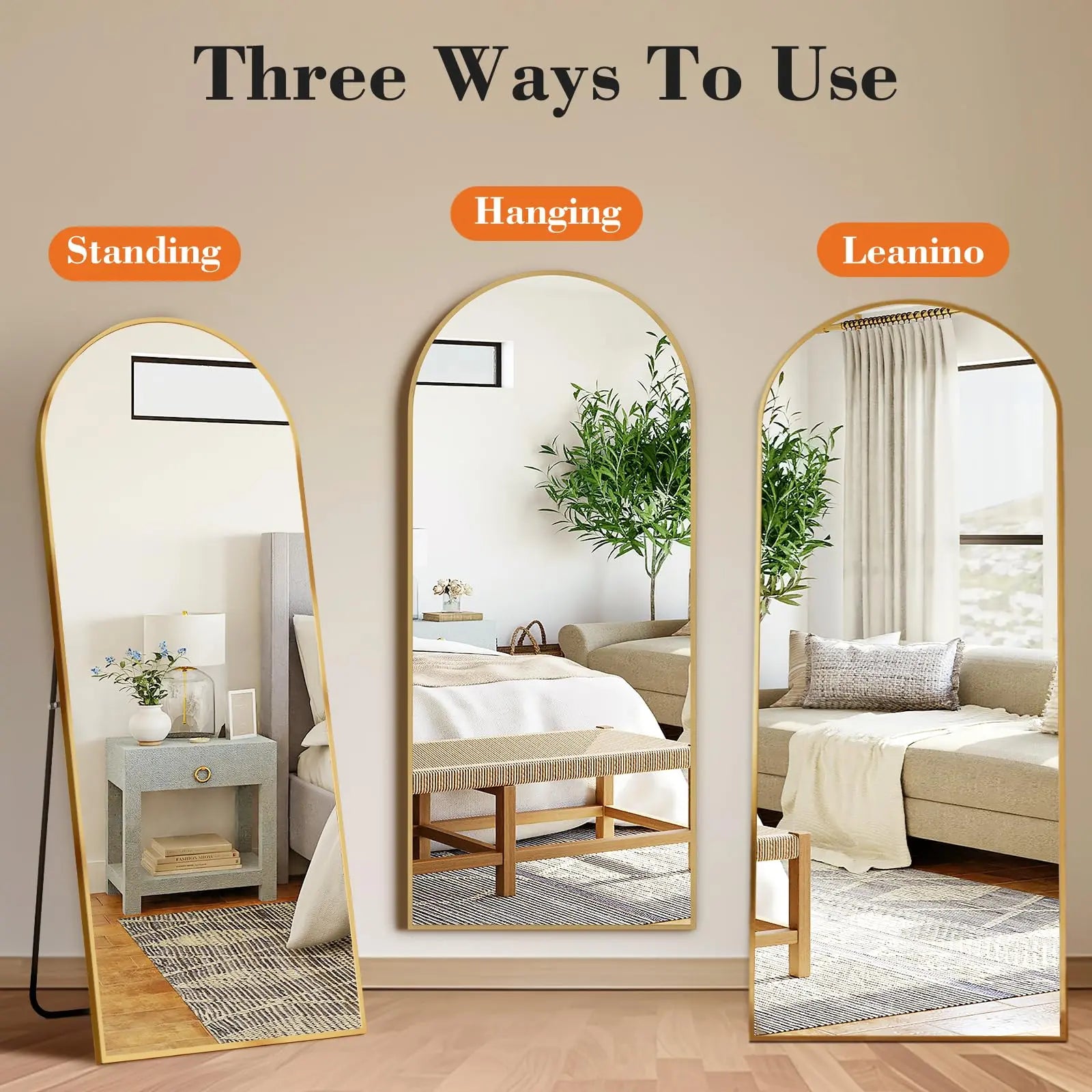 Antok 81" x 41" Arched Full-Length Floor Mirror with Stand, Aluminum Frame, Shatterproof Nano Glass, Modern Home Decor, Gold/Black Rounded Finish