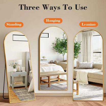 Antok 81" x 41" Arched Full-Length Floor Mirror with Stand, Aluminum Frame, Shatterproof Nano Glass, Modern Home Decor, Gold/Black Rounded Finish