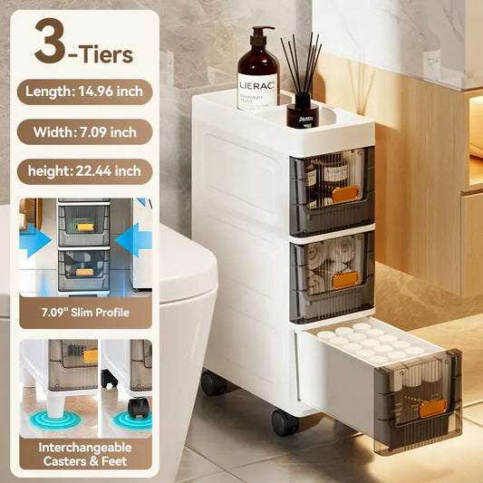 Ultra-Slim 7" Storage Cart - Space-Saving Narrow Drawer Organizer for Bathroom & Kitchen (3/4/5/6 Tier)