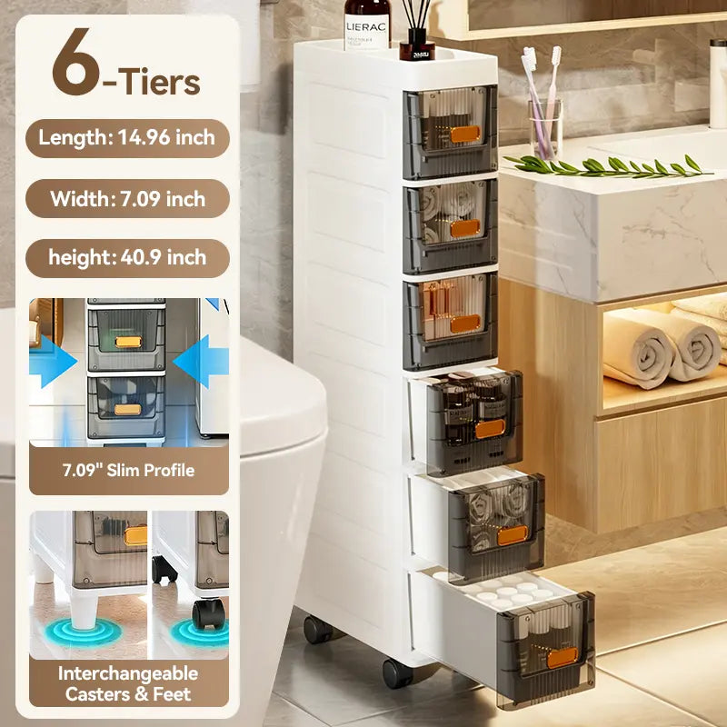 Ultra-Slim 7" Storage Cart - Space-Saving Narrow Drawer Organizer for Bathroom & Kitchen (3/4/5/6 Tier)