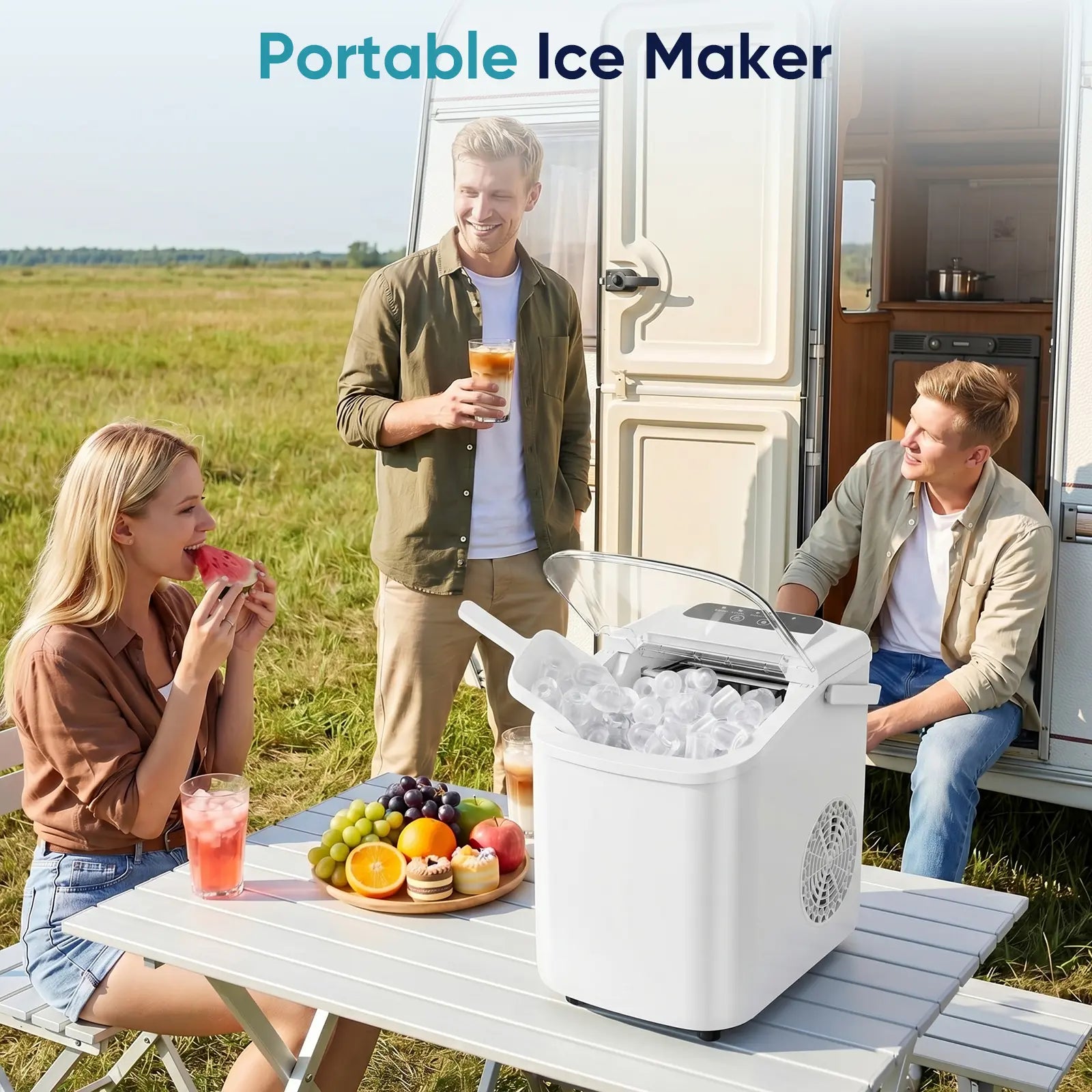 Portable Countertop Ice Maker - 9 Bullet Ice Cubes in 6 Mins, 26Lbs Daily, Auto-Cleaning, Includes Basket & Scoop - Perfect for Home, Kitchen, RV & Camping