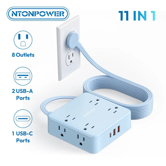 NTONPOWER 11-in-1 Flat Extension Cord Power Strip with Surge Protection, 8 Outlets and 3 USB Ports, 3-Prong Wall-Mount Design for Home and Office Use