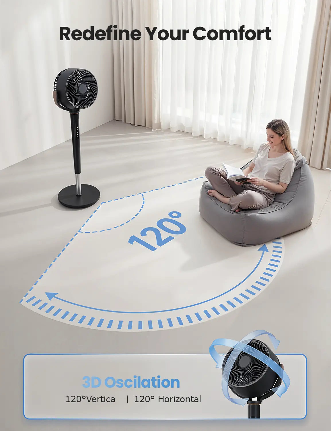 MANASTIN 120° Automatic 4-Way Oscillating Standing Fan with Quiet DC Motor, 16 Speed Settings, 4 Operating Modes, Adjustable Height (37-45"), 12-Hour Timer, and Remote Control