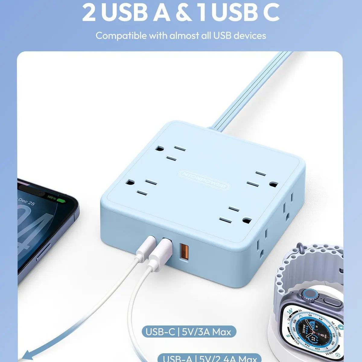 NTONPOWER 11-in-1 Flat Extension Cord Power Strip with Surge Protection, 8 Outlets and 3 USB Ports, 3-Prong Wall-Mount Design for Home and Office Use