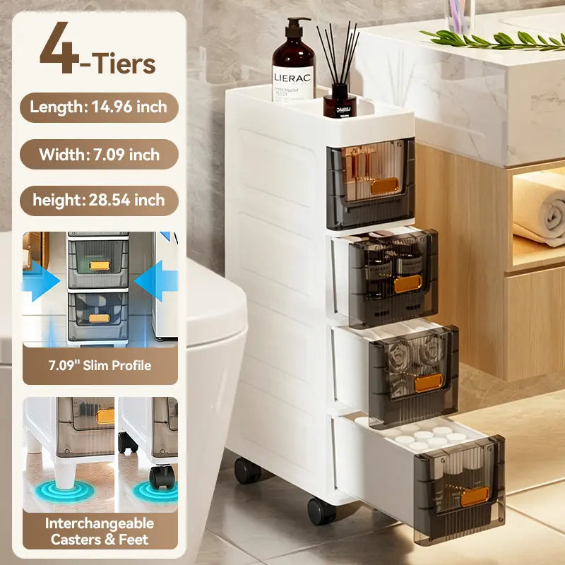 Ultra-Slim 7" Storage Cart - Space-Saving Narrow Drawer Organizer for Bathroom & Kitchen (3/4/5/6 Tier)