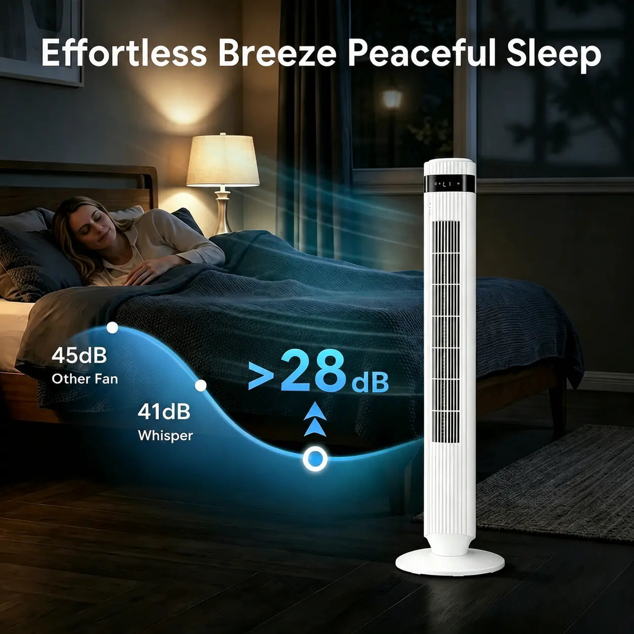 Whisper-Quiet 28dB Tower Fan with 12-Hour Timer & Smart Auto Mode - 64° Oscillating Bladeless Cooling Fan for Bedroom & Home Office