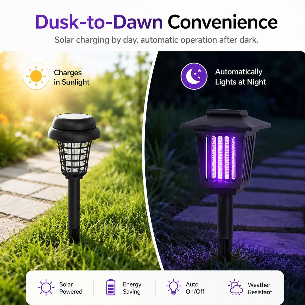 Solar-Powered Mosquito Zapper & Garden Stake Light – Dual Mode Insect Killer & Pathway Illumination, Weather Resistant, Easy Setup, Available in Round & Square Designs
