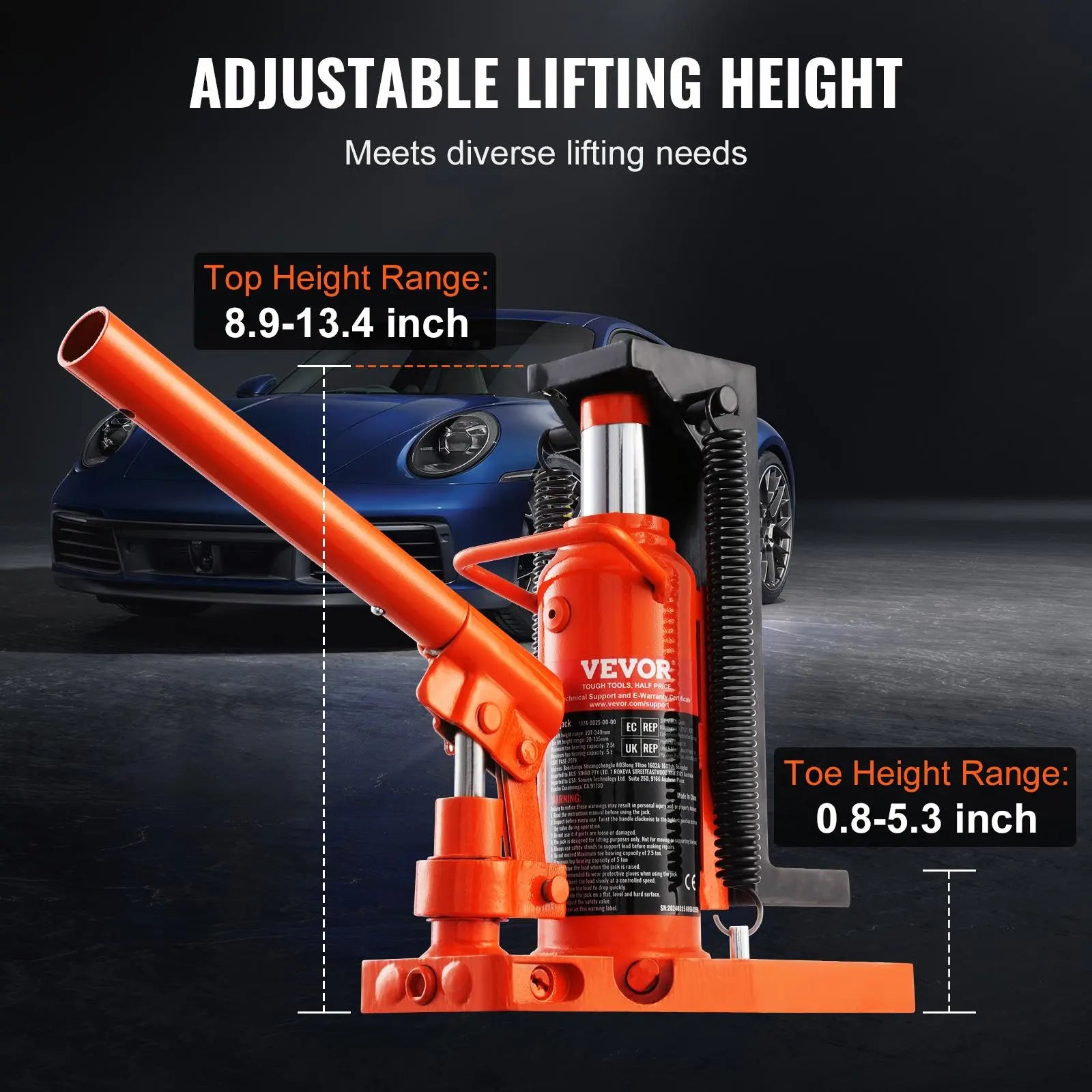 Vevor Hydraulic Toe Jack - 2.5 Ton Toe Lift and 5 Ton Top Lift Capacity, Adjustable Toe Height 0.8-5.3 in, Top Height 8.9-13.4 in, Air Hydraulic Claw Jack for Industrial Machinery