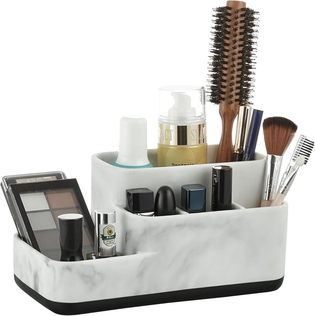 Multi-Functional Bathroom Organizer - Elegant White Marble Toothbrush Holder for Makeup, Skincare, and Accessories Storage