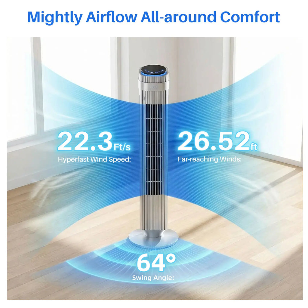 Whisper-Quiet 28dB Tower Fan with 12-Hour Timer & Smart Auto Mode - 64° Oscillating Bladeless Cooling Fan for Bedroom & Home Office