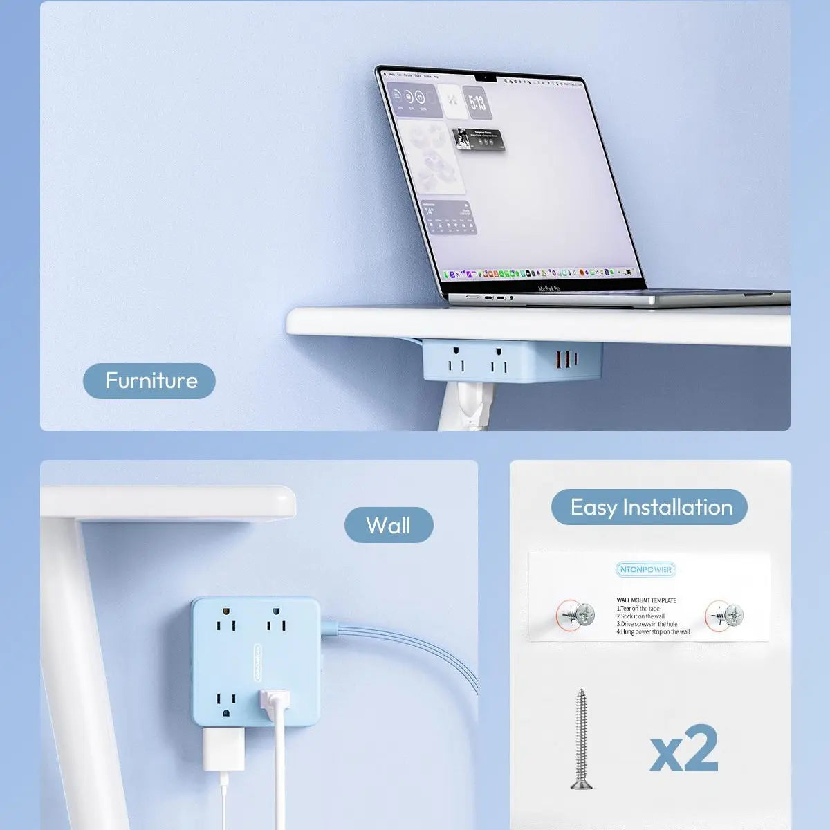 NTONPOWER 11-in-1 Flat Extension Cord Power Strip with Surge Protection, 8 Outlets and 3 USB Ports, 3-Prong Wall-Mount Design for Home and Office Use