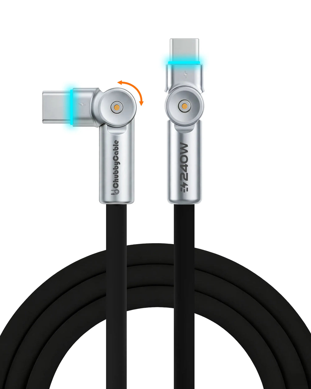 Chubbycable Chubby Rotatex - 240W Dual 180° Rotating Fast Charging Cable with LED Indicator, 48V 5A, USB 2.0, Type-C to Type-C, Available in 3.3Ft and 6.6Ft Lengths, Fast Charge and Data Transmission
