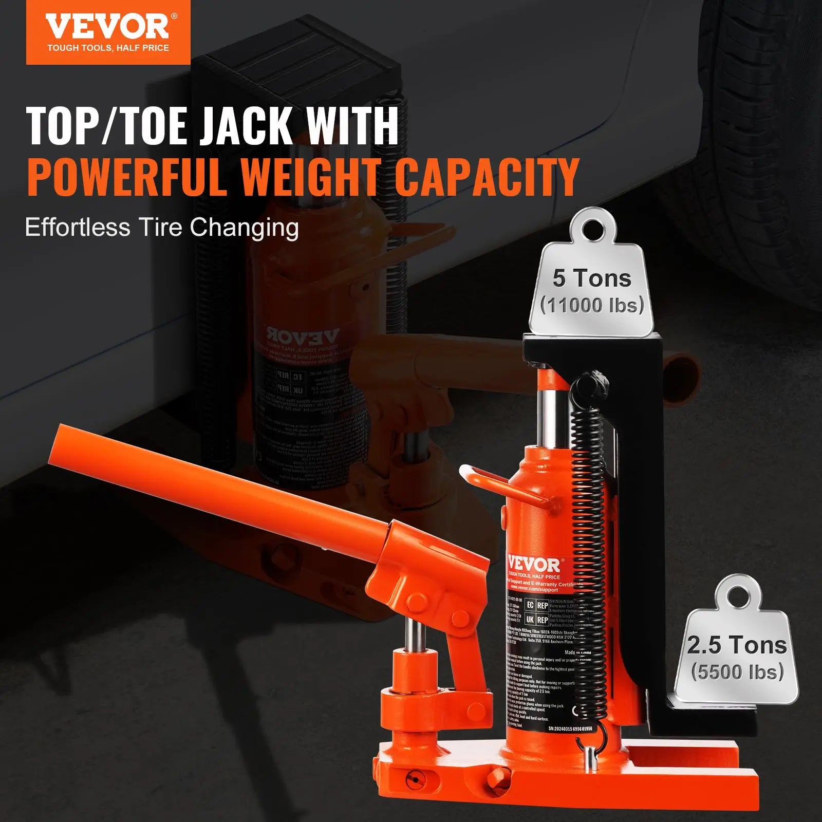 Vevor Hydraulic Toe Jack - 2.5 Ton Toe Lift and 5 Ton Top Lift Capacity, Adjustable Toe Height 0.8-5.3 in, Top Height 8.9-13.4 in, Air Hydraulic Claw Jack for Industrial Machinery