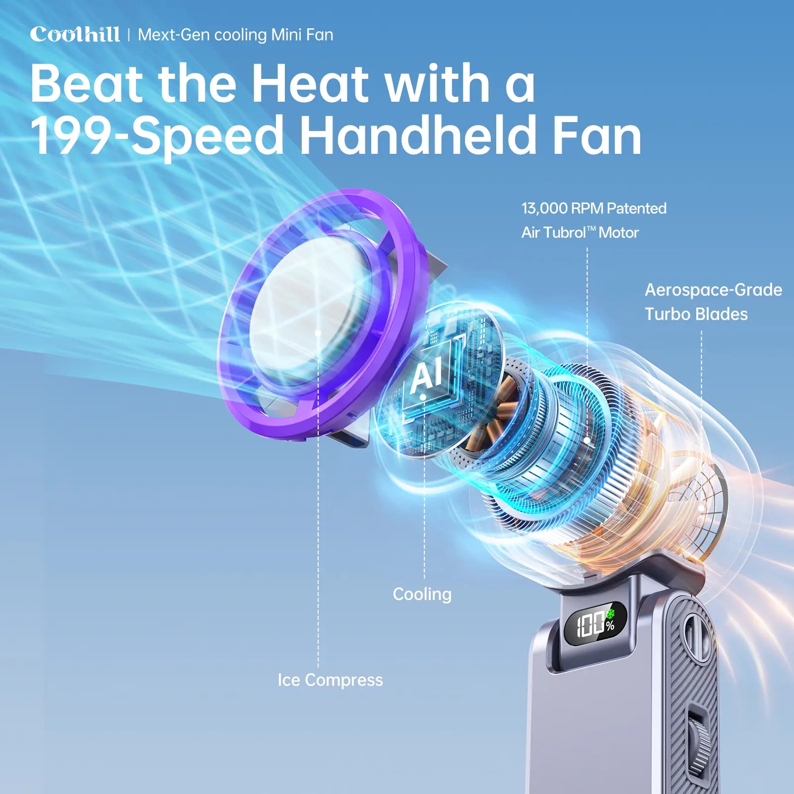 Coolhill Foldable High-Speed Handheld Fan - 199 Adjustable Levels for Ultimate Summer Comfort and Travel Essentials