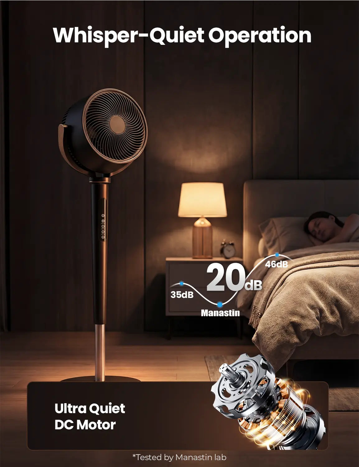 MANASTIN 120° Automatic 4-Way Oscillating Standing Fan with Quiet DC Motor, 16 Speed Settings, 4 Operating Modes, Adjustable Height (37-45"), 12-Hour Timer, and Remote Control