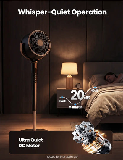 MANASTIN 120° Automatic 4-Way Oscillating Standing Fan with Quiet DC Motor, 16 Speed Settings, 4 Operating Modes, Adjustable Height (37-45"), 12-Hour Timer, and Remote Control