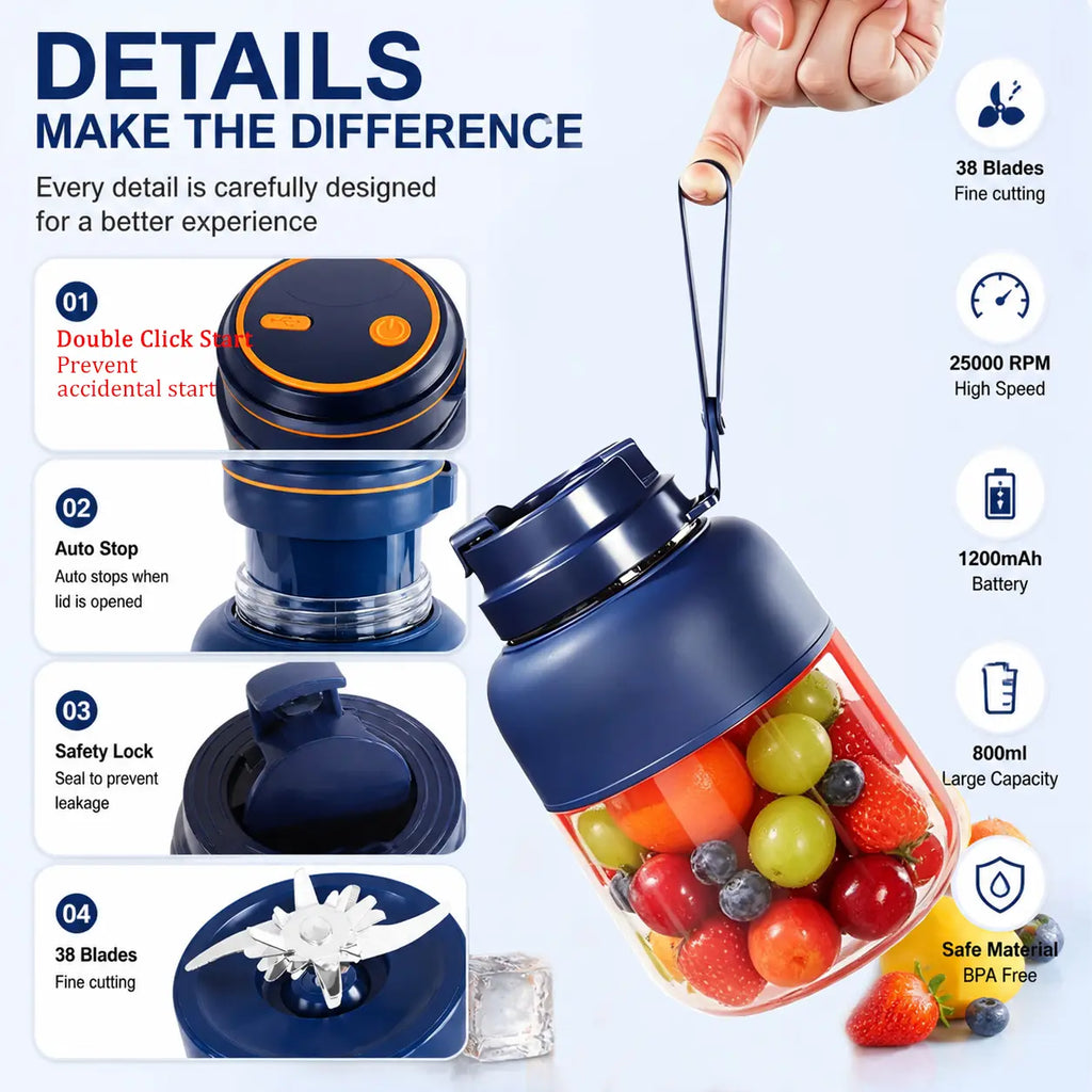 Portable 44Oz Wireless USB Rechargeable Juicer Blender - Perfect for Smoothies, Creams, and Healthy Meals on the Go! Ideal for Camping, Fitness, and Home Use!