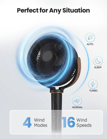 MANASTIN 120° Automatic 4-Way Oscillating Standing Fan with Quiet DC Motor, 16 Speed Settings, 4 Operating Modes, Adjustable Height (37-45"), 12-Hour Timer, and Remote Control