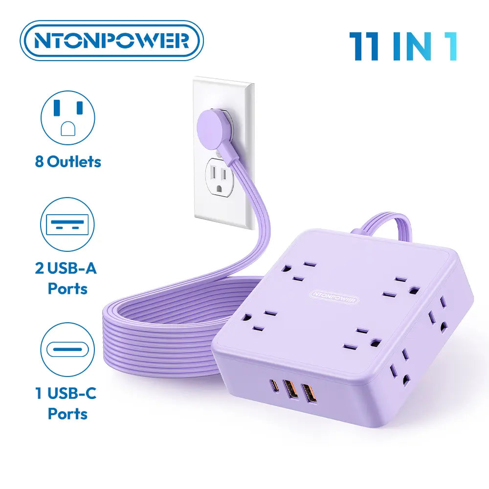 NTONPOWER 11-in-1 Flat Extension Cord Power Strip with Surge Protection, 8 Outlets and 3 USB Ports, 3-Prong Wall-Mount Design for Home and Office Use