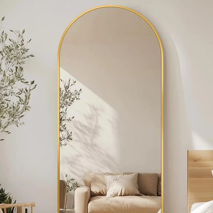 Antok 81" x 41" Arched Full-Length Floor Mirror with Stand, Aluminum Frame, Shatterproof Nano Glass, Modern Home Decor, Gold/Black Rounded Finish