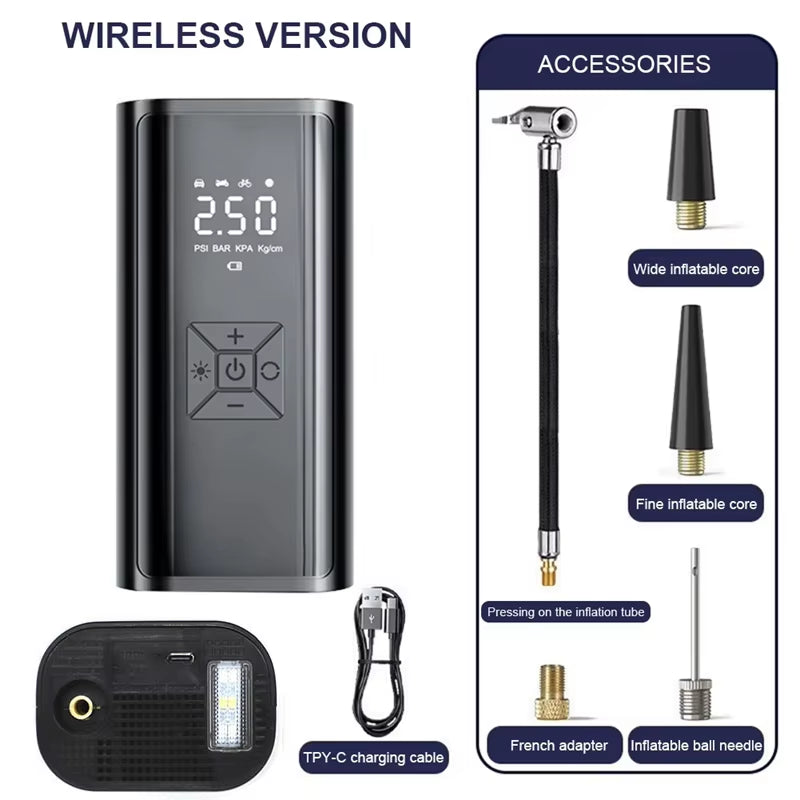 Wireless Portable Air Compressor - Electric Tire Inflator for Motorcycles, Bicycles, Boats, and More