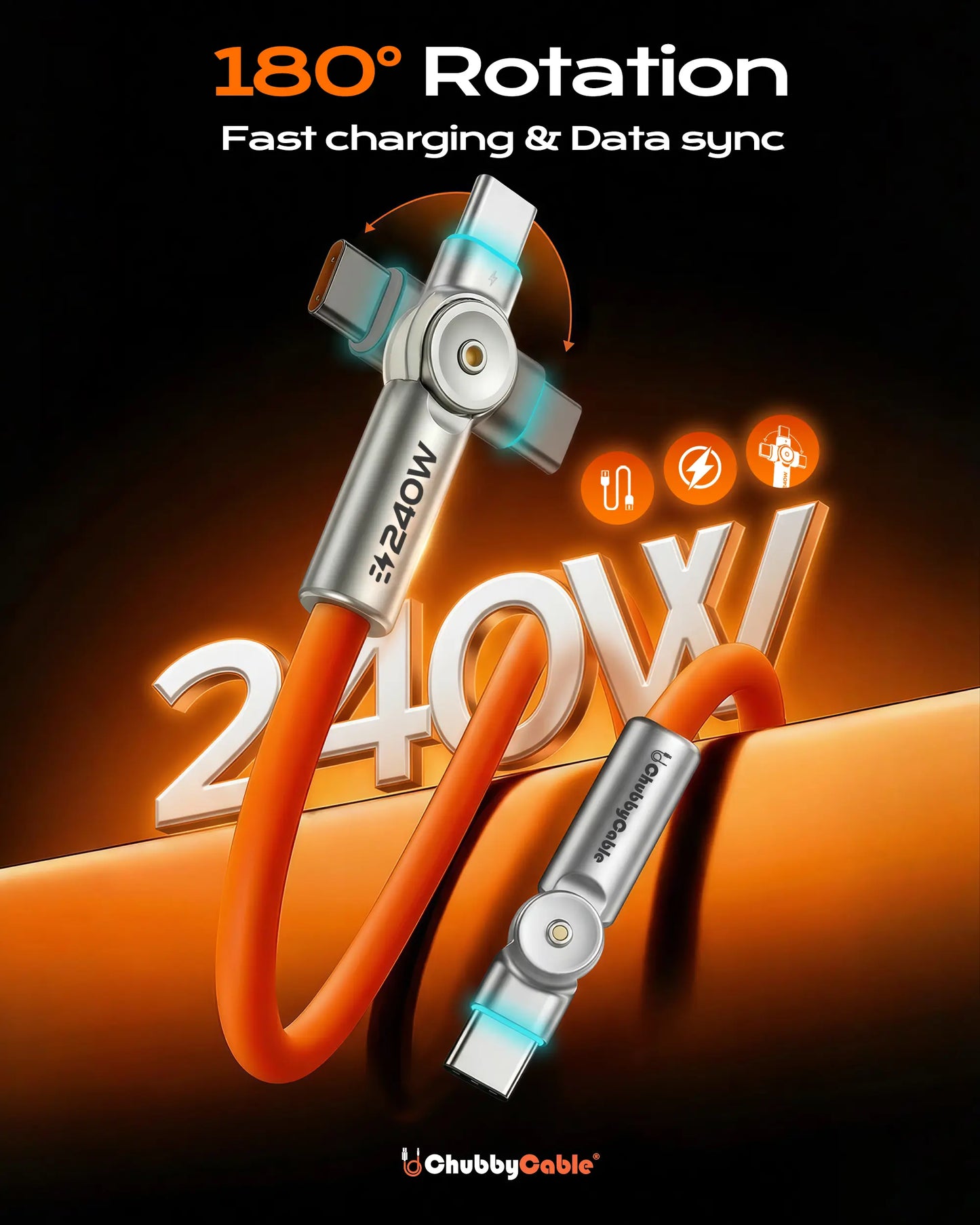 Chubbycable Chubby Rotatex - 240W Dual 180° Rotating Fast Charging Cable with LED Indicator, 48V 5A, USB 2.0, Type-C to Type-C, Available in 3.3Ft and 6.6Ft Lengths, Fast Charge and Data Transmission