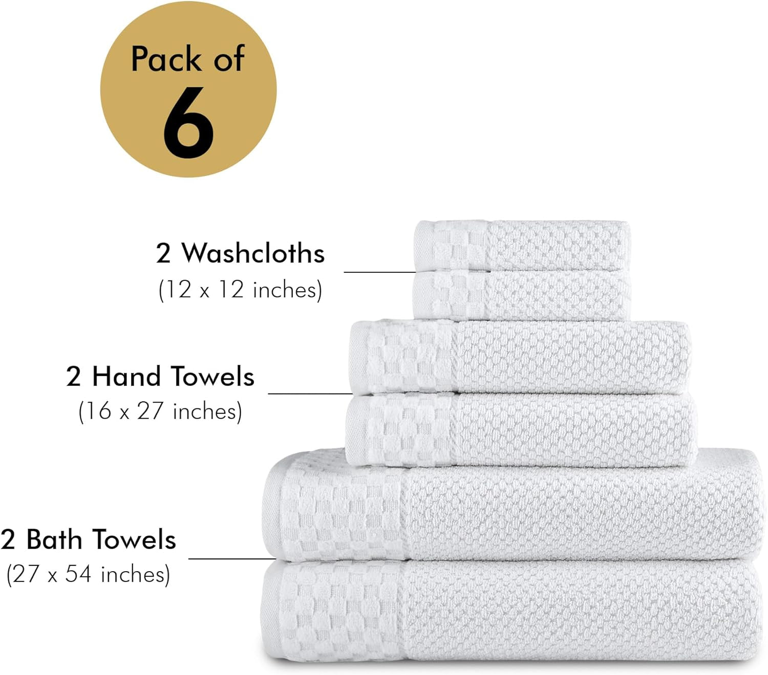 CTT Luxury 6-Piece Towel Set - 100% Turkish Cotton, Quick-Drying, Highly Absorbent, Includes 2 Bath Towels, 2 Hand Towels, and 2 Washcloths in White