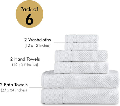 CTT Luxury 6-Piece Towel Set - 100% Turkish Cotton, Quick-Drying, Highly Absorbent, Includes 2 Bath Towels, 2 Hand Towels, and 2 Washcloths in White