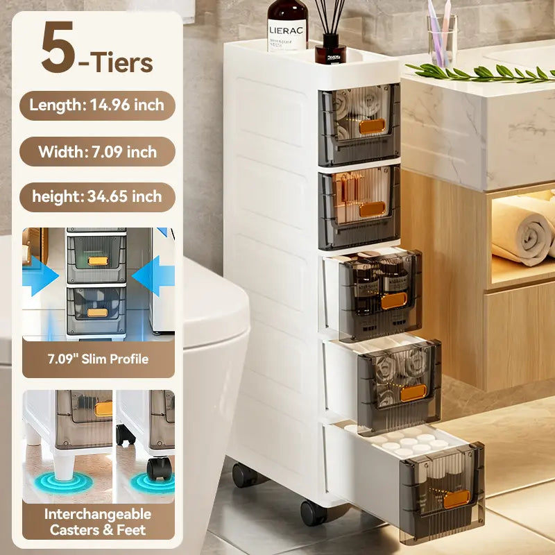 Ultra-Slim 7" Storage Cart - Space-Saving Narrow Drawer Organizer for Bathroom & Kitchen (3/4/5/6 Tier)