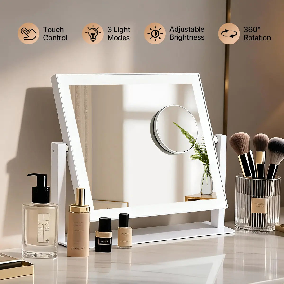 GALENTAL LED Vanity Mirror with Dimmable Touch Screen Control, 3 Color Modes, Square Design in White